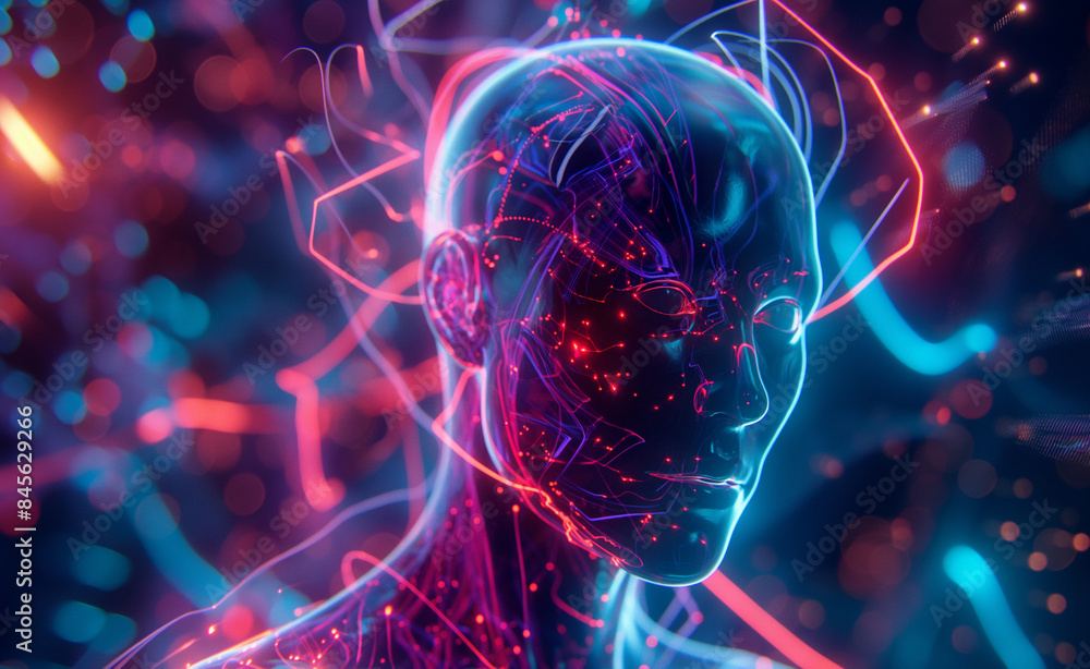 Aufkleber an abstract digital representation of a human head with neon lights and circuitry, symbolizing advan