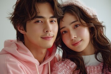 Fototapeta premium A screenshot of a Kpop idol music video. The male star is wearing pink and holding hands with his girlfriend in her dress. They both have long hair and look happy against a white background.