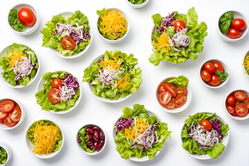 Colorful Salad Ingredients in Bowls on White Background