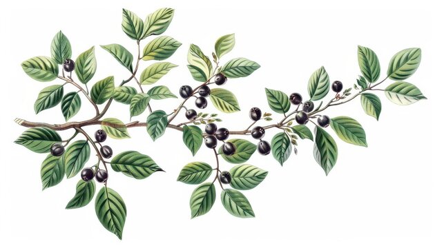 vintage botanical illustration of hackberry tree branches with leaves and fruits isolated on white