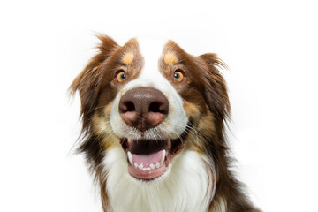 Fototapeta premium Portrait happy and smiling Australian Shepherd dog puppy. Isolated on white background