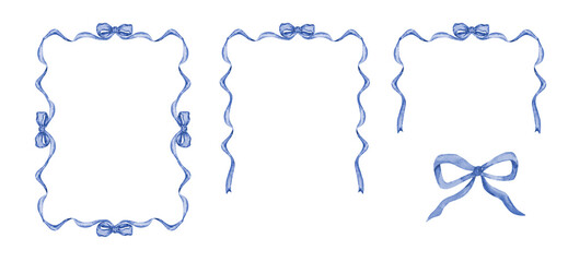 Blue frames set of watercolor ribbon and bow
