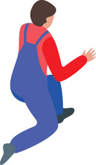 Construction worker wearing blue overalls is kneeling down and reaching out