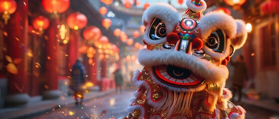 Fototapeta premium Vibrant Chinese lion dance costume, colorful and detailed, in a festive street setting