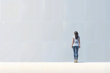 Fototapeta premium A woman stands alone against a large blank wall, symbolizing solitude and introspection in a minimalist scene.