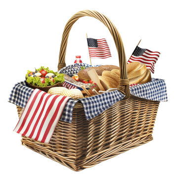 recommend clip art: Picnic basket with food and American flag on a transparent background clipart