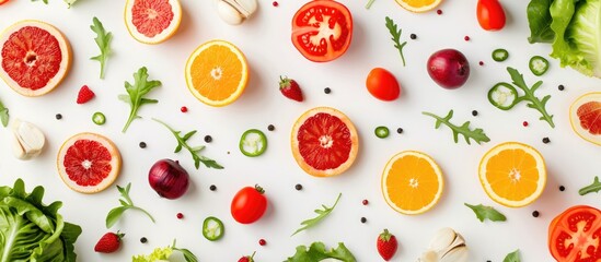 Pattern of fresh vegetables and fruits on white background, viewed from above. Promoting healthy eating with food composition and texture.