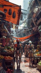 Naklejka premium A group of robots walk through a market with a large orange canopy above them