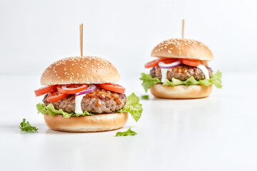 Two Delicious Burgers with Lettuce, Tomato and Onion on a White Background