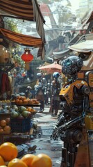 A robot stands in front of a fruit stand with oranges and apples
