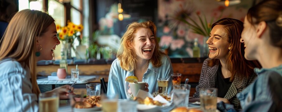 Celebrating National Girlfriends Day, August 1st, with friends having brunch in a charming cafÃ©, smiles and laughter, 4K hyperrealistic photo.