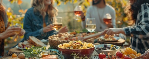 Friends enjoying a picnic for National Pasta Day, October 17th, homemade pasta dishes and good company, 4K hyperrealistic photo.