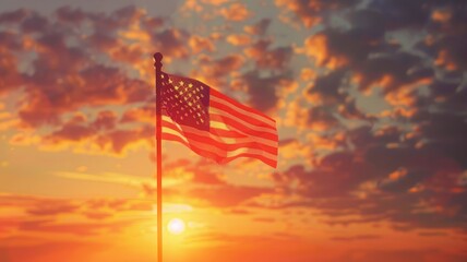US flag flies at sunset against vibrant sky