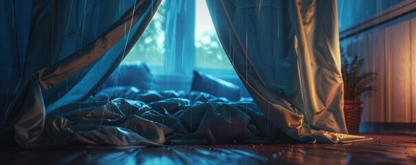Cozy blanket fort building on a rainy day, imagination and comfort, 4K hyperrealistic photo.