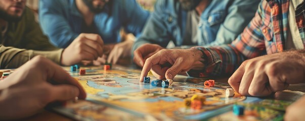 Friends enjoying a game night for World Humanitarian Day, August 19th, board games and camaraderie, 4K hyperrealistic photo.