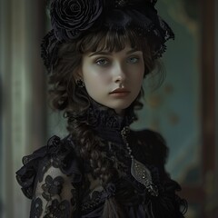 Fototapeta premium Gothic Victorian Romance Portrait, inspired by gothic romance and vintage aesthetics, hyperrealistic 4K photo.