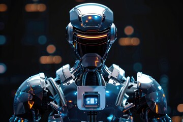 A robot with a glowing face stands in front of a black background