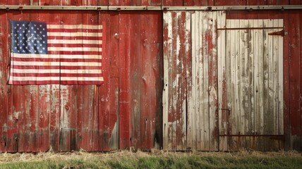 American flag on weathered barn wall with grass