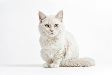 Obraz premium Fluffy White Cat Sitting on a White Background