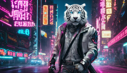 Obraz premium Cyberpunk White Tiger in Futuristic Neon City. Generative AI