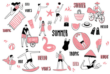 Summer beach. Hand drawn set of simple icons with summer elements. Collection of cartoon icons with one line. Activity of people on the beach. Vector Illustration line art doodle style isolated 