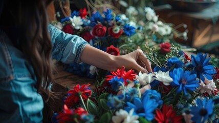 Person arranging vibrant red, white, and blue flowers on rustic table