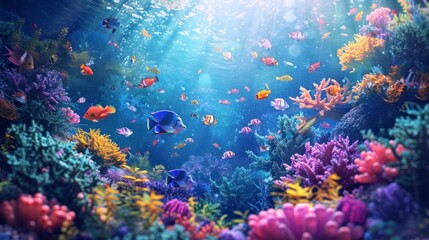 Immerse yourself in the breathtaking underwater spectacle, where a kaleidoscope of colorful tropical fish thrives in harmony with the coral reef, offering a captivating glimpse into marine life