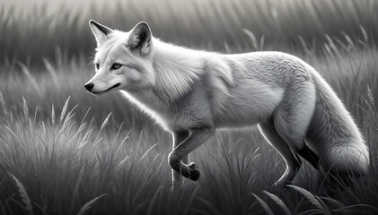 Fox in the forest, black and white
