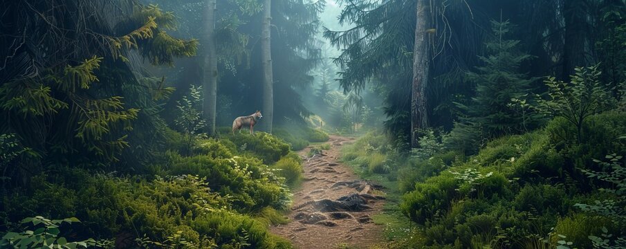 Mysterious forest path with a lone wolf howling in the distance, 4K hyperrealistic photo