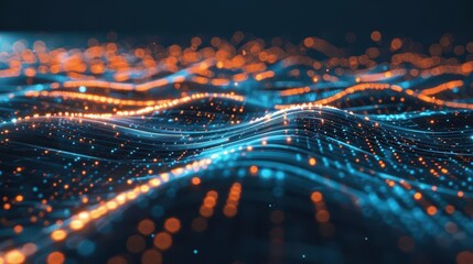 visualization of wireless communication with glowing blue and orange data waves between devices