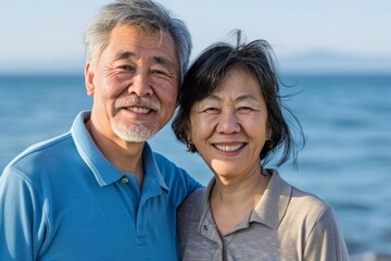 Obraz premium Portrait of a glad asian couple in their 60s wearing a sporty polo shirt isolated on serene seaside background