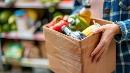 volunteer hands holding donation box with grocery items food bank charity concept