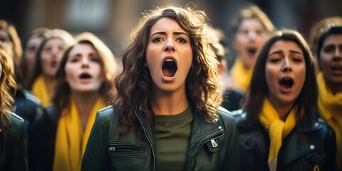 A choir of ultras football fans girls sing their team's anthem support soccer game play fans view