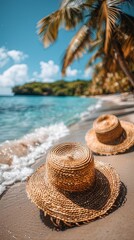 Two straw hats are laying on the beach, one on the left and one on the right