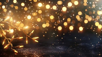 Obraz premium warm gold christmas garland lights on dark background with glitter overlay