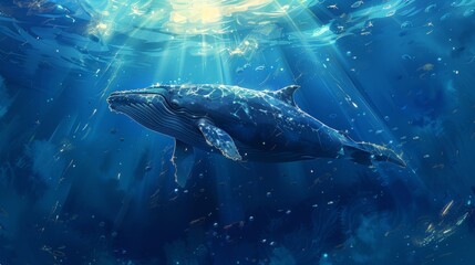 Fototapeta premium Majestic Blue Whale Swimming in Sunlit Ocean Depths. A breathtaking depiction of a giant blue whale gliding gracefully through deep blue ocean waters, illuminated by rays of sunlight from above.