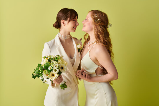 A young lesbian couple in white wedding attire embraces on a green background, symbolizing their love and commitment.