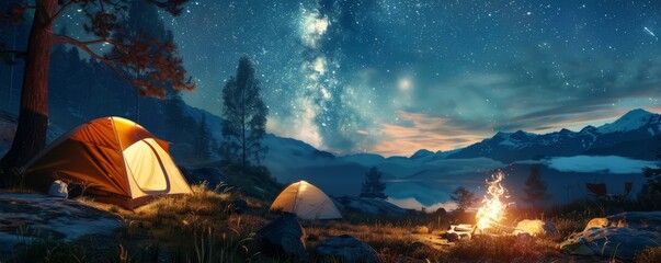 Friends camping under the stars for National Camping Month, tents and campfire, 4K hyperrealistic photo.