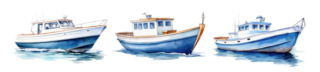 Naklejka premium Blue fishing boat watercolor png element set on transparent background