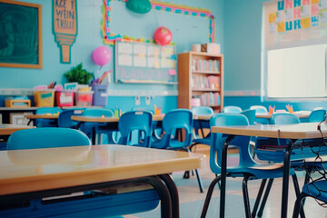 An empty classroom with desks neatly arranged with new school supplies