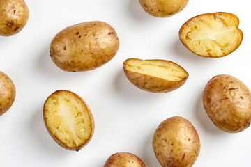 Fototapeta premium Close up of whole and halved potatoes on white background