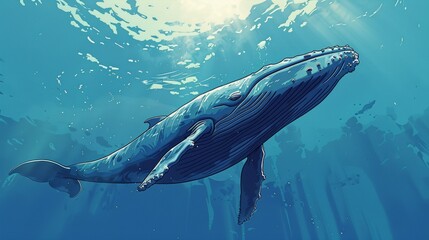 Fototapeta premium Majestic Blue Whale Swimming in Sunlit Ocean Depths. A breathtaking depiction of a giant blue whale gliding gracefully through deep blue ocean waters, illuminated by rays of sunlight from above.