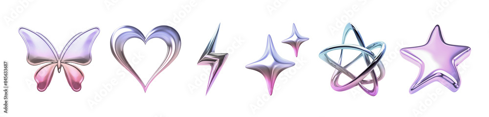 Poster 3d y2k metallic icons png element set on transparent background