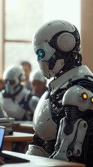 A teacher with a robotic arm and eye teaching a class of bio-robot students --ar 9:16 Job ID: eb66a25a-9962-4cdb-8d08-5985e4750416