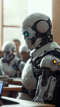 A teacher with a robotic arm and eye teaching a class of bio-robot students --ar 9:16 Job ID: eb66a25a-9962-4cdb-8d08-5985e4750416