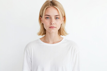 Young Woman with Blonde Hair Wearing a White T-Shirt
