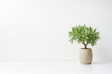 Green plant in a pot against white wall