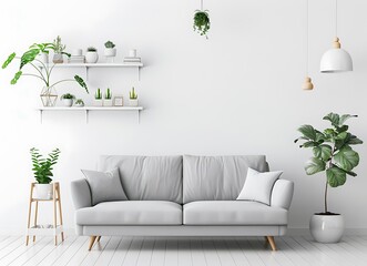 Photo of Scandinavian living room with gray sofa against empty wall mockup, white side table and shelf with plants in the style of an empty wall mockup