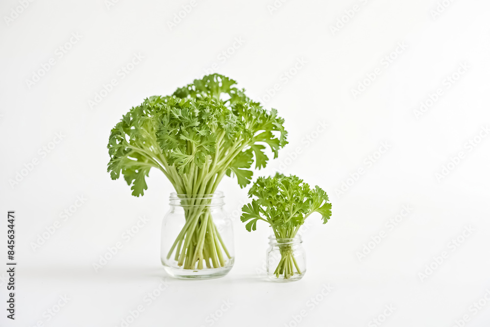 Wall mural Fresh Parsley in Glass Jars on White Background - Wall murals