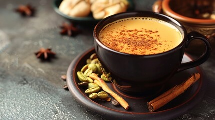 Traditional Masala Coffee Served with Spices. A warm and inviting scene featuring a mug of masala coffee, accompanied by aromatic spices and a crispy snack, highlighting traditional Indian flavors.
